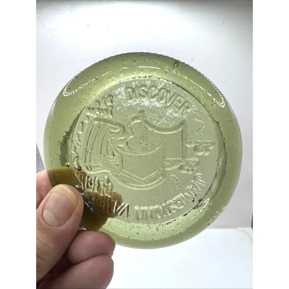 Vintage Ship Discover Jamestown VA Green Glass Paperweight/coaster Green